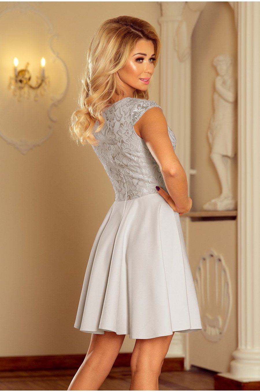 Rochie de ocazie eleganta scurta cu dantela gri Aubrey Rochie de ocazie eleganta scurta cu dantela gri Aubrey 3 - jojofashion.ro