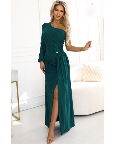 Rochii banchet, Rochie de ocazie lunga din brocart verde cu maneca lunga si umar gol Shimmer - jojofashion.ro