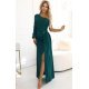 Rochie de ocazie lunga din brocart verde cu maneca lunga si umar gol Shimmer 2 - jojofashion.ro