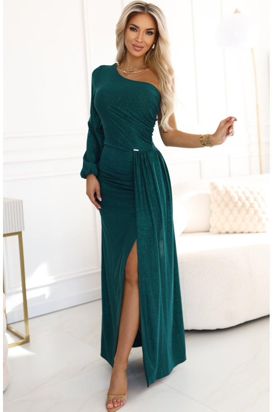 Rochie de ocazie lunga din brocart verde cu maneca lunga si umar gol Shimmer 1 - jojofashion.ro