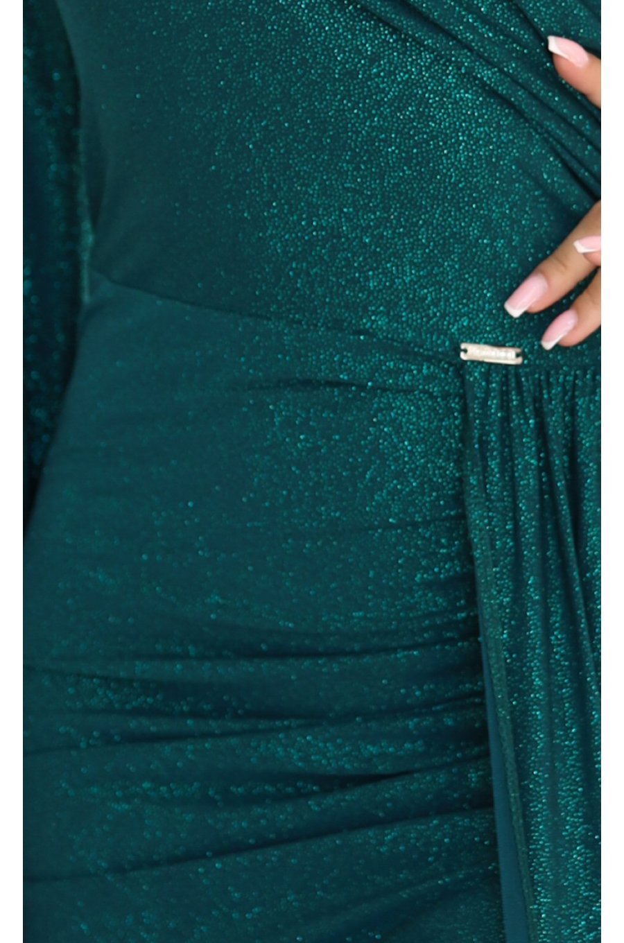 Rochie de ocazie lunga din brocart verde cu maneca lunga si umar gol Shimmer 5 - jojofashion.ro