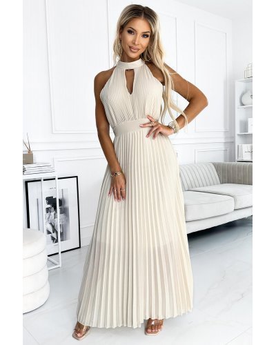Rochie lunga din chiffon bej plisata vaporoasa Yette Rochii lungi, Rochie lunga din chiffon bej plisata vaporoasa Yette - jojofashion.ro