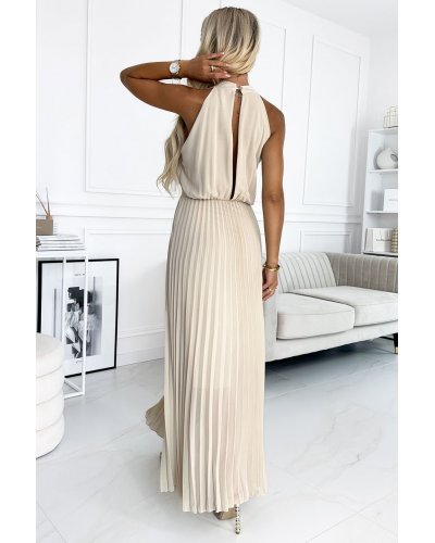 Rochie lunga din chiffon bej plisata vaporoasa Yette Rochii lungi, Rochie lunga din chiffon bej plisata vaporoasa Yette - jojofashion.ro