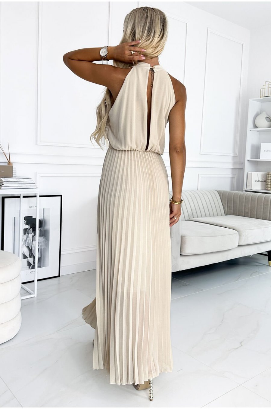 Rochie lunga din chiffon bej plisata vaporoasa Yette 2 - jojofashion.ro