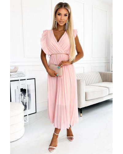 Rochie lunga din chiffon roz piersica plisata petrecuta Giorgia Rochii lungi, Rochie lunga din chiffon roz piersica plisata petrecuta Giorgia - jojofashion.ro