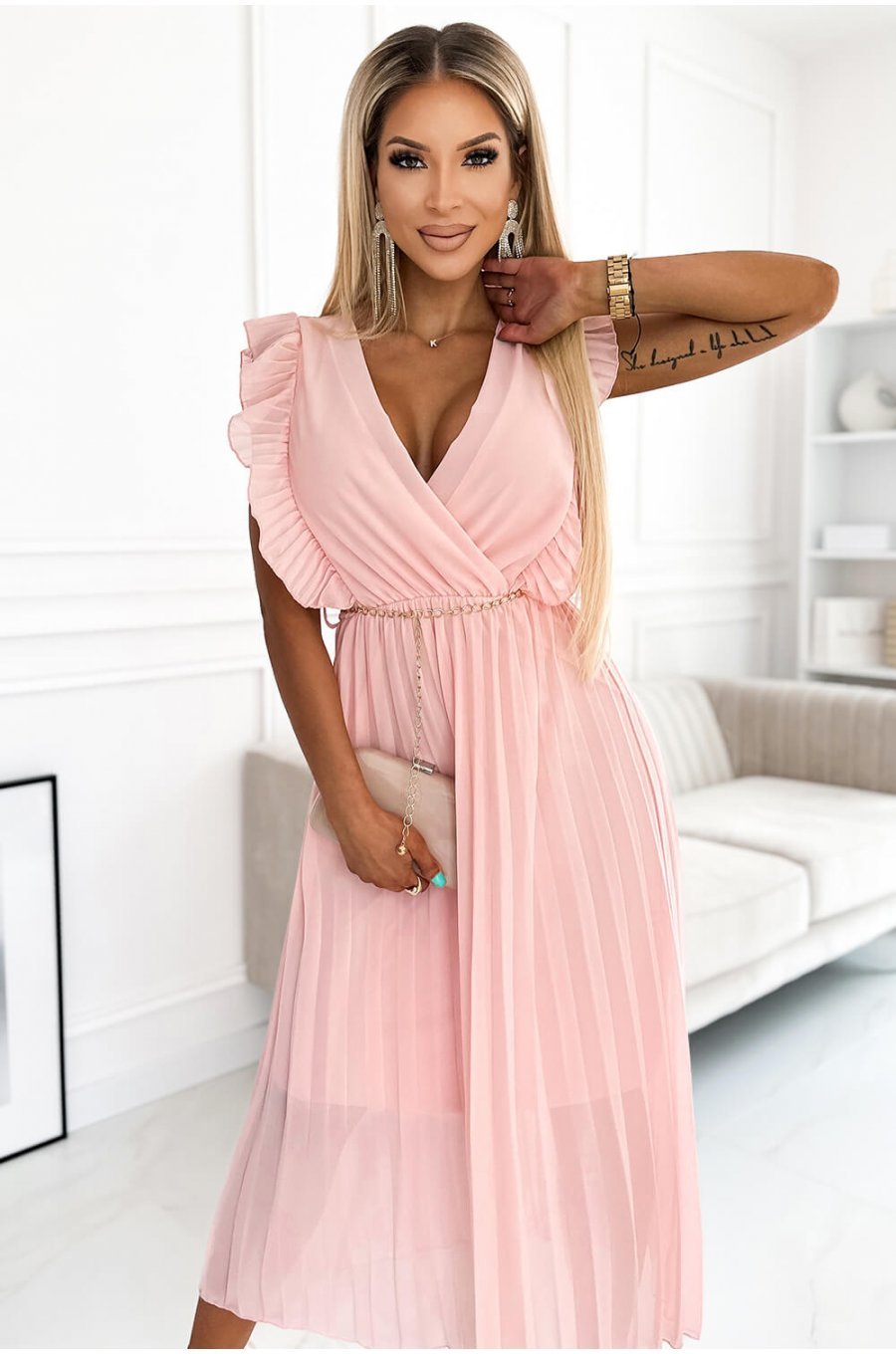 Rochie lunga din chiffon roz piersica plisata petrecuta Giorgia 3 - jojofashion.ro