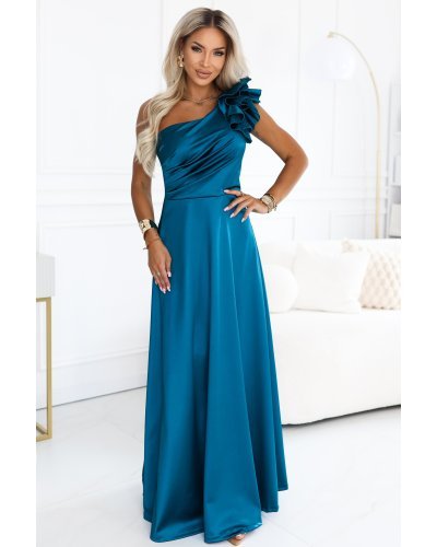 Rochii satin, Rochie de ocazie lunga din satin albastra cu un umar gol si volan floral Natalia - jojofashion.ro