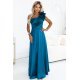 Rochie de ocazie lunga din satin albastra cu un umar gol si volan floral Natalia 2 - jojofashion.ro