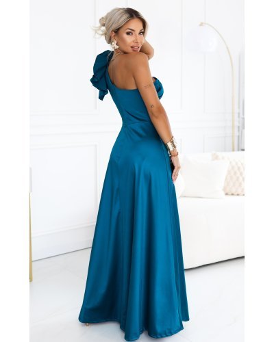 Rochii satin, Rochie de ocazie lunga din satin albastra cu un umar gol si volan floral Natalia - jojofashion.ro