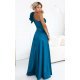 Rochie de ocazie lunga din satin albastra cu un umar gol si volan floral Natalia 3 - jojofashion.ro