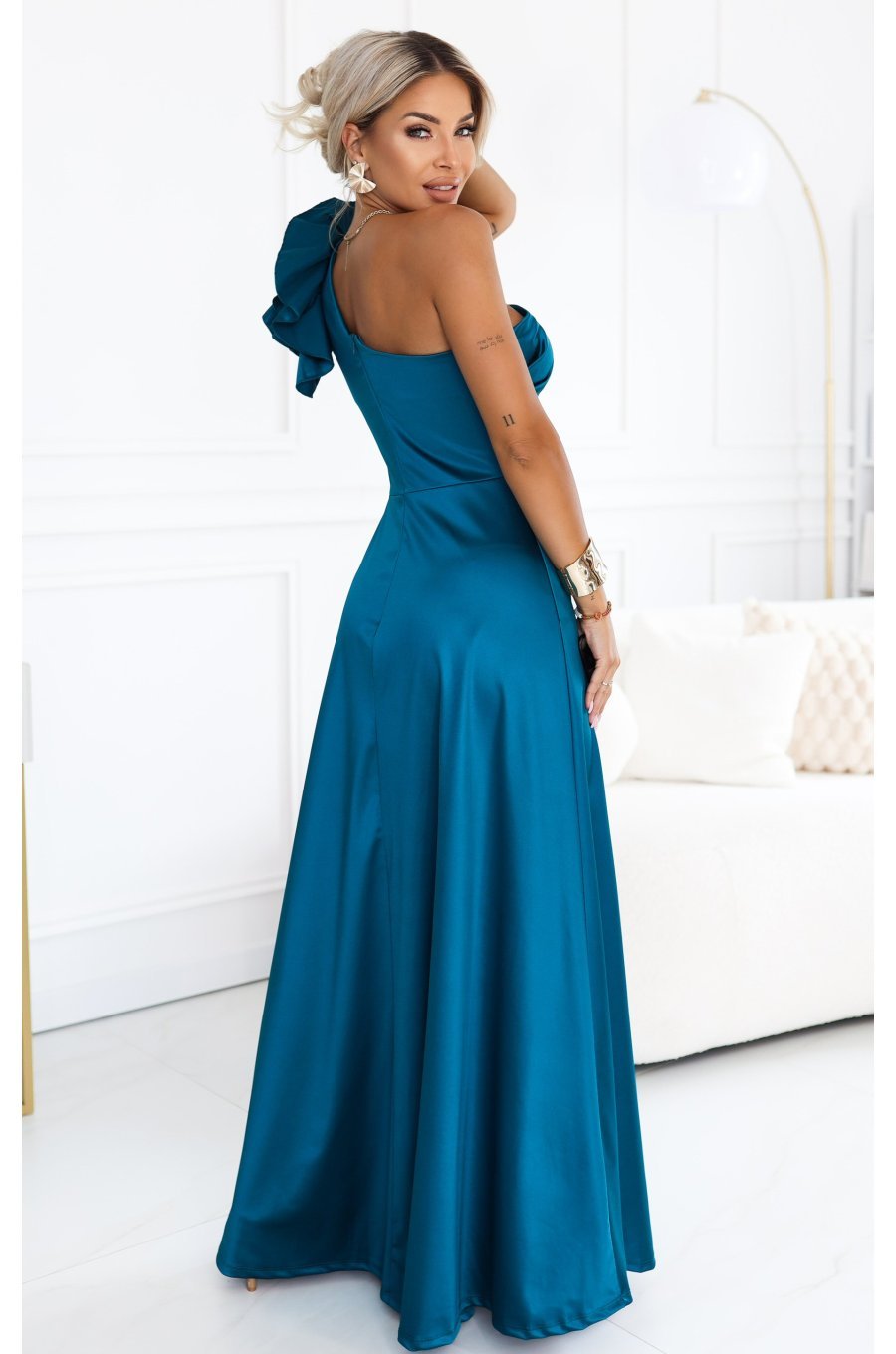 Rochie de ocazie lunga din satin albastra cu un umar gol si volan floral Natalia 2 - jojofashion.ro