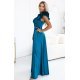 Rochie de ocazie lunga din satin albastra cu un umar gol si volan floral Natalia 4 - jojofashion.ro
