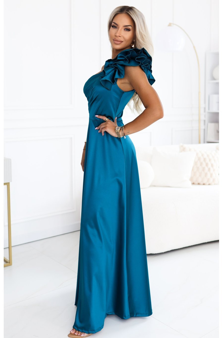 Rochie de ocazie lunga din satin albastra cu un umar gol si volan floral Natalia 3 - jojofashion.ro
