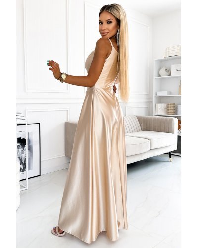 Rochie de ocazie lunga din satin bej petrecuta Scarlett Rochii lungi, Rochie de ocazie lunga din satin bej petrecuta Scarlett - jojofashion.ro