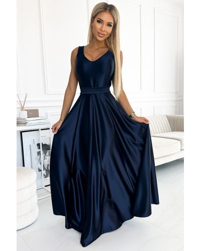 Rochie lunga din satin bleumarin navy Cindy Rochii de nasa, Rochie lunga din satin bleumarin navy Cindy - jojofashion.ro