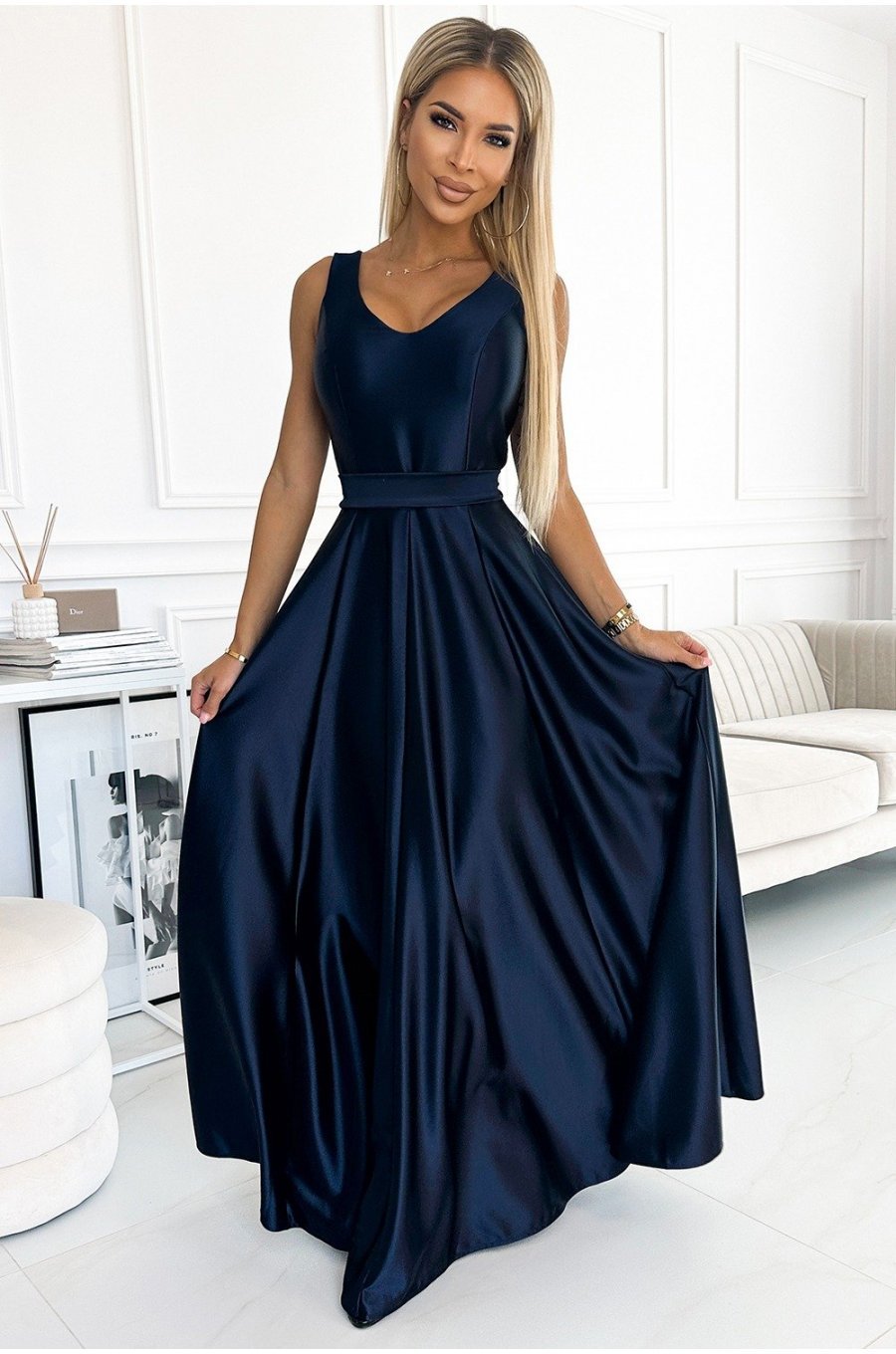 Rochie de ocazie lunga, din satin, bleumarin navy, Cindy 1 - jojofashion.ro