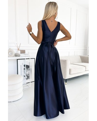Rochie lunga din satin bleumarin navy Cindy Rochii de nasa, Rochie lunga din satin bleumarin navy Cindy - jojofashion.ro