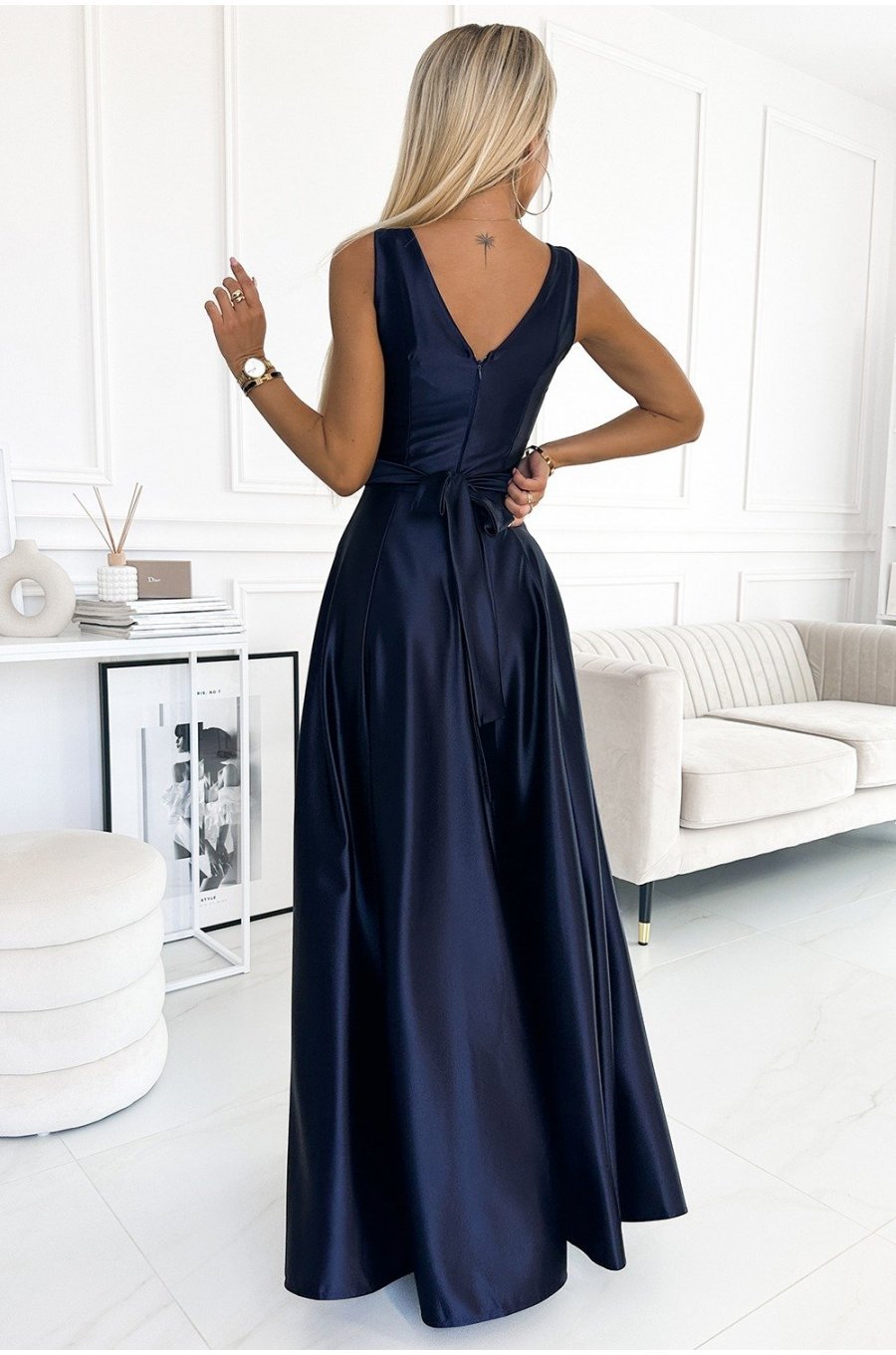 Rochie de ocazie lunga, din satin, bleumarin navy, Cindy 2 - jojofashion.ro