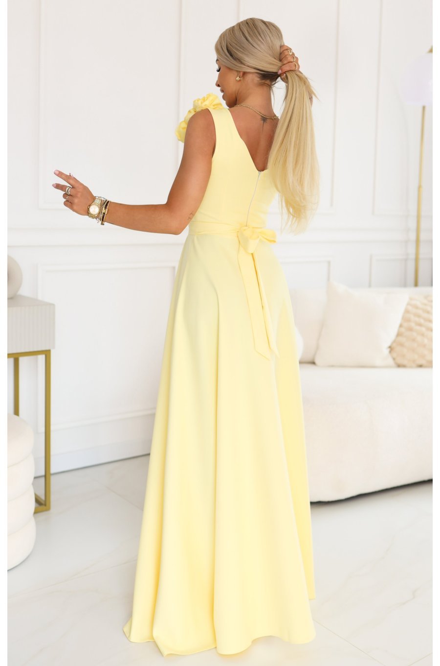 Rochie de ocazie lunga galbena cu floare pe bust MoniqueW 2 - jojofashion.ro