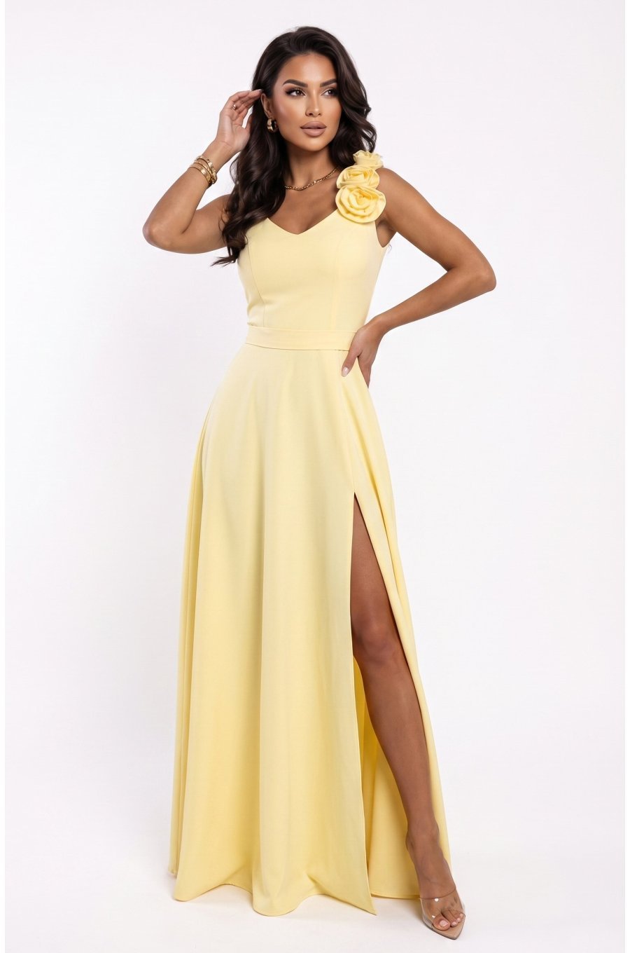 Rochie de ocazie lunga galbena cu floare pe bust MoniqueW 3 - jojofashion.ro