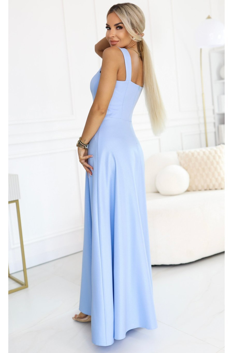 Rochie de ocazie lunga din brocard baby blue evazata AureliaN 2 - jojofashion.ro