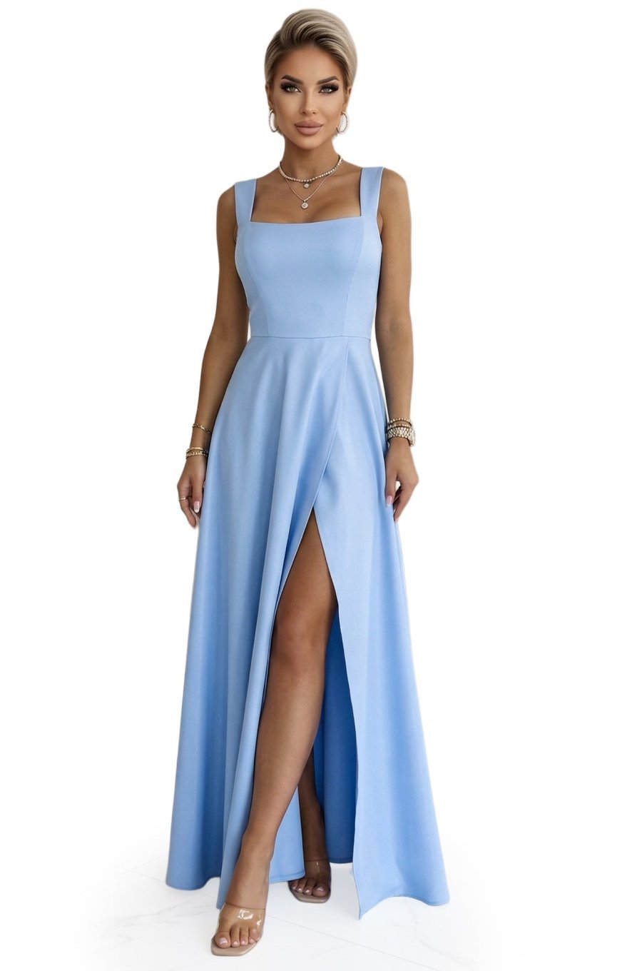 Rochie de ocazie lunga din brocard baby blue evazata AureliaN 4 - jojofashion.ro