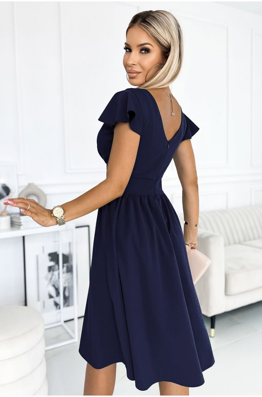 Rochie de ocazie midi, bleumarin navy, petrecuta, in clos, Klotilda 2 - jojofashion.ro