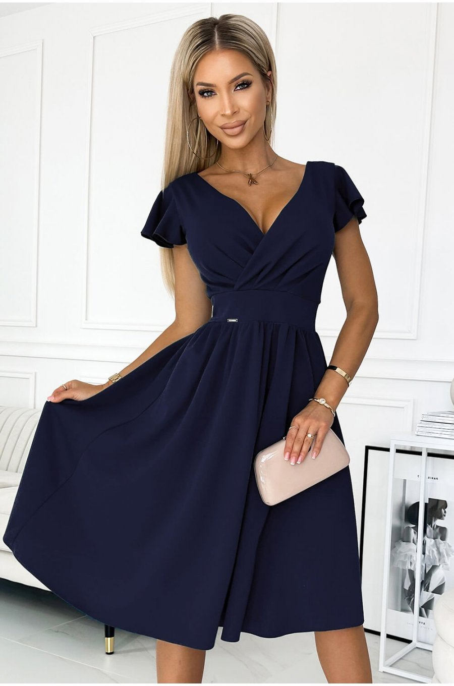 Rochie midi bleumarin navy petrecuta in clos Klotilda Rochie midi bleumarin navy petrecuta in clos Klotilda 5 - jojofashion.ro