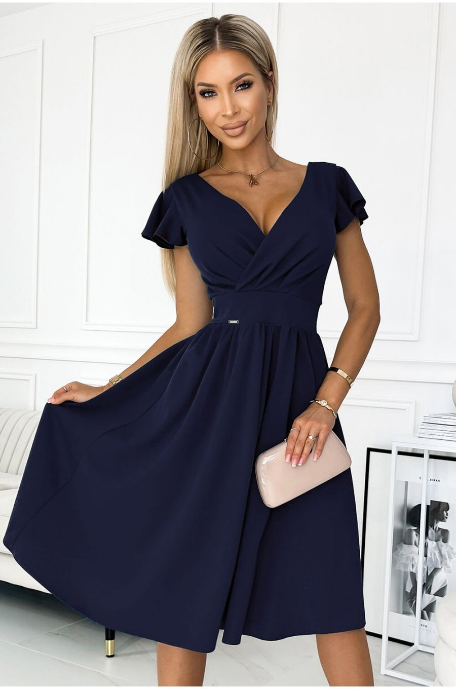 Rochie de ocazie midi, bleumarin navy, petrecuta, in clos, Klotilda 5 - jojofashion.ro