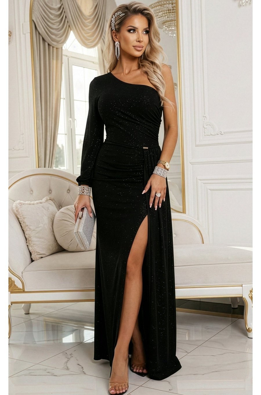 Rochie de ocazie neagra lunga din brocart cu maneca lunga si umar gol Shimmer 1 - jojofashion.ro