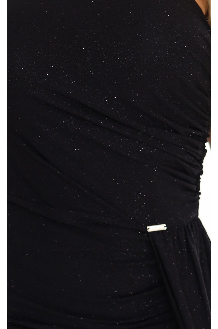 Rochie de ocazie neagra lunga din brocart cu maneca lunga si umar gol Shimmer 4 - jojofashion.ro
