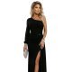 Rochie de ocazie neagra lunga din brocart cu maneca lunga si umar gol Shimmer 6 - jojofashion.ro