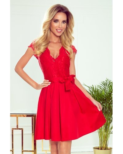 Rochie scurta rosie din dantela cu pliseuri late Vivian Rochii scurte, Rochie scurta rosie din dantela cu pliseuri late Vivian - jojofashion.ro