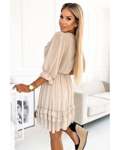 Rochie scurta din chiffon bej cu volane fluida Stacey Rochii cununie civila, Rochie scurta din chiffon bej cu volane fluida Stacey - jojofashion.ro