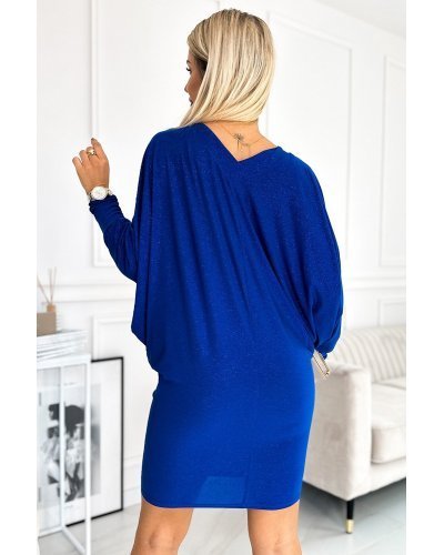 Rochie scurta albastra cu glitter cu maneca lunga tip liliac Deandra Rochii scurte, Rochie scurta albastra cu glitter cu maneca lunga tip liliac Deandra - jojofashion.ro