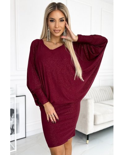Rochie scurta cu glitter burgundy cu maneca lunga tip liliac oversize Deandra Rochii de Ocazie Elegante, Rochie scurta cu glitter burgundy cu maneca lunga tip liliac oversize Deandra - jojofashion.ro