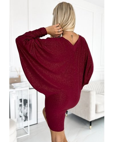 Rochie scurta cu glitter burgundy cu maneca lunga tip liliac oversize Deandra Rochii de Ocazie Elegante, Rochie scurta cu glitter burgundy cu maneca lunga tip liliac oversize Deandra - jojofashion.ro