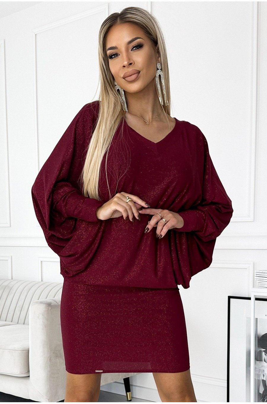 Rochie de ocazie scurta, mulata, cu glitter, burgundy, cu maneca lunga tip liliac, oversize, Deandra 3 - jojofashion.ro