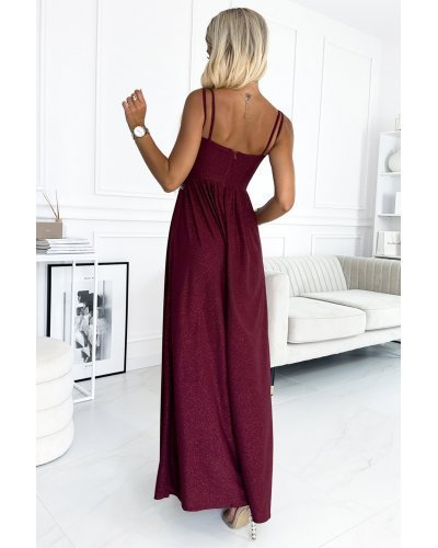 Rochie lunga din brocard burgundy crapata pe picior Carlyn Rochii lungi, Rochie lunga din brocard burgundy crapata pe picior Carlyn - jojofashion.ro
