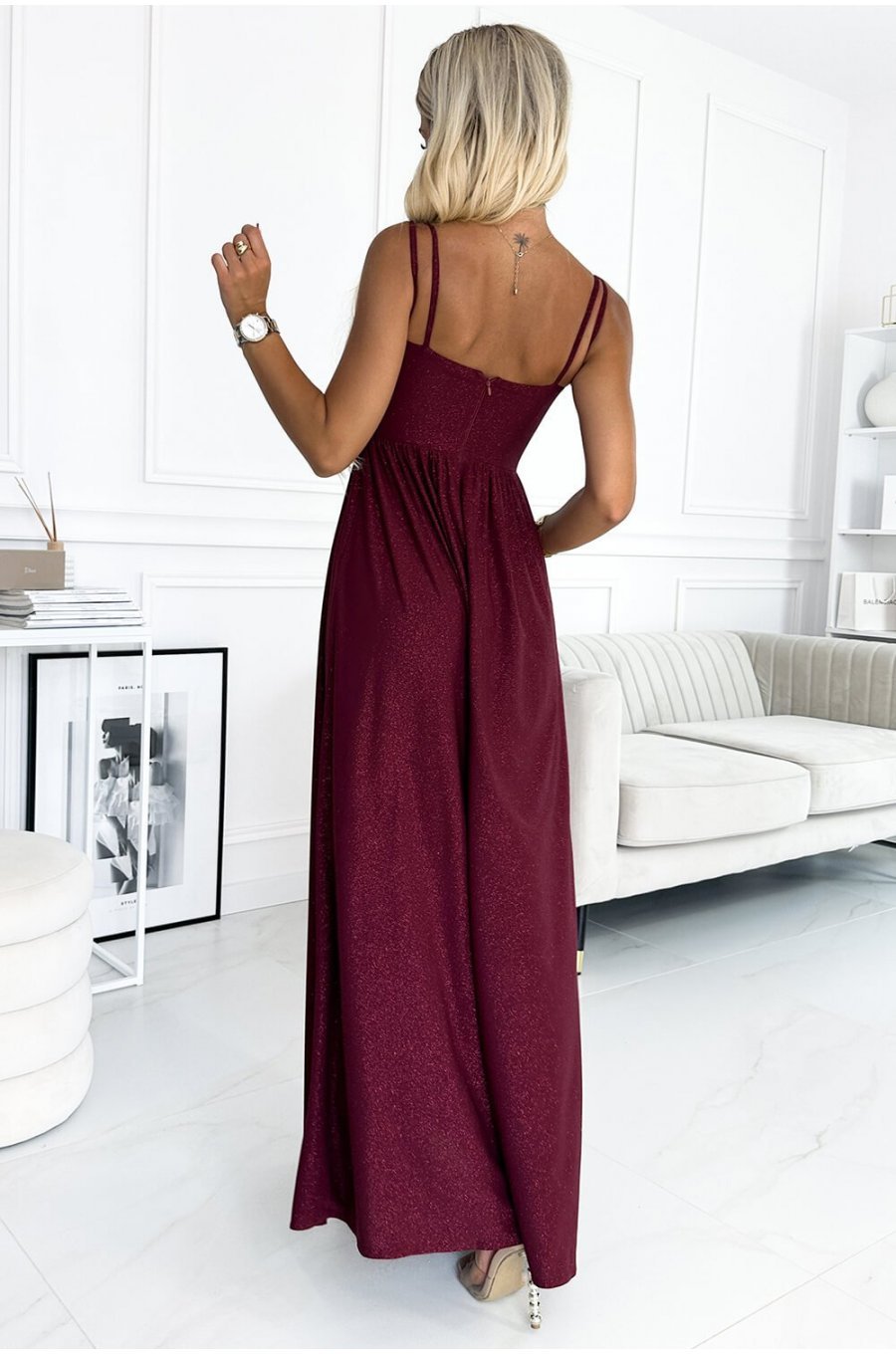 Rochie lunga din brocard burgundy crapata pe picior Carlyn 2 - jojofashion.ro