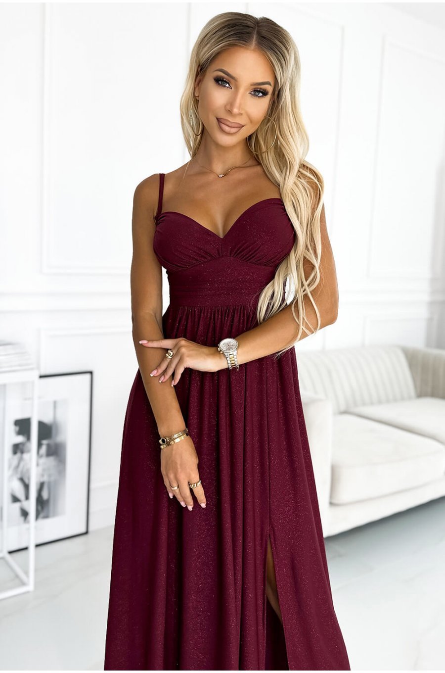 Rochie lunga din brocard burgundy crapata pe picior Carlyn 3 - jojofashion.ro