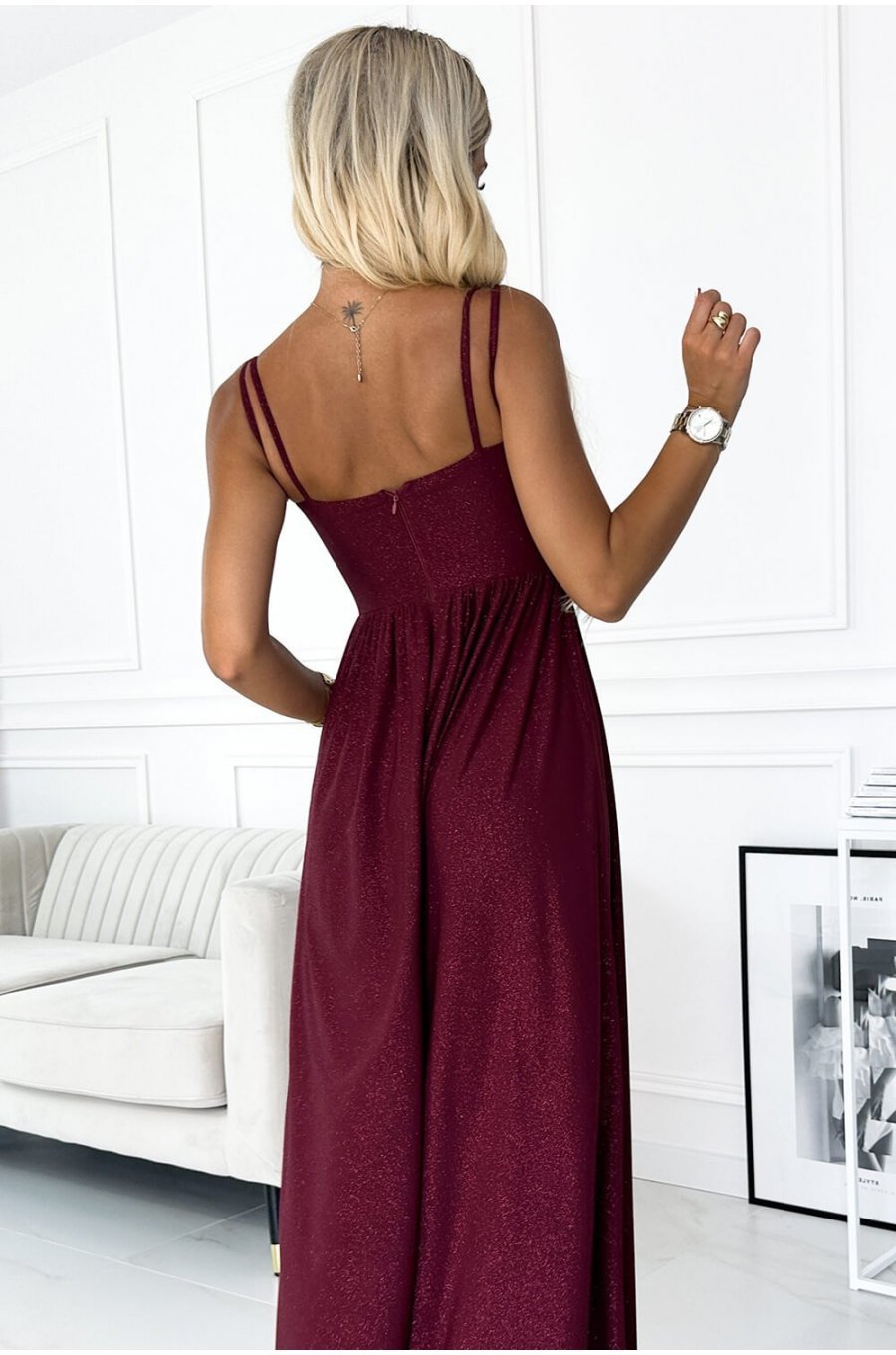 Rochie de seara lunga, brocard, burgundy, crapata pe picior, Carlyn 4 - jojofashion.ro