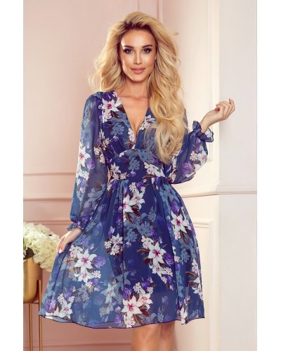 Rochie de vara vaporoasa bleumarin cu flori Selma Rochii bleumarin, Rochie de vara vaporoasa bleumarin cu flori Selma - jojofashion.ro