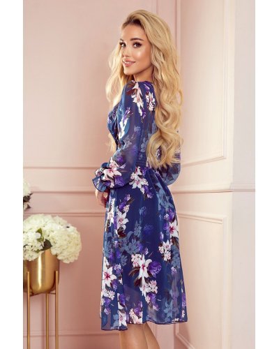 Rochie de vara vaporoasa bleumarin cu flori Selma Rochii bleumarin, Rochie de vara vaporoasa bleumarin cu flori Selma - jojofashion.ro