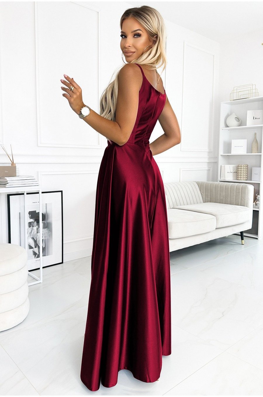 Rochie din satin lunga, de ocazie, burgundy, crapata pe picior, Scarlett 2 - jojofashion.ro