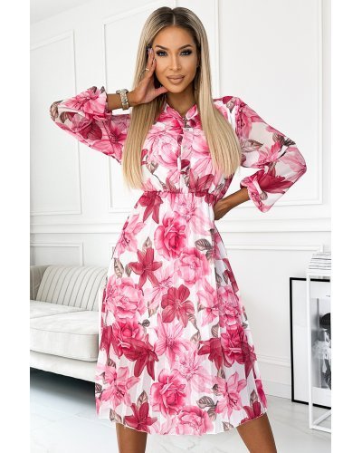Rochie alba cu flori roz fucsia midi plisata cu maneca lunga vaporoasa Ruth Rochii de zi, Rochie alba cu flori roz fucsia midi plisata cu maneca lunga vaporoasa Ruth - jojofashion.ro