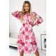 Rochie eleganta alba cu flori roz fucsia, plisata, cu maneca lunga, vaporoasa, Ruth 2 - jojofashion.ro