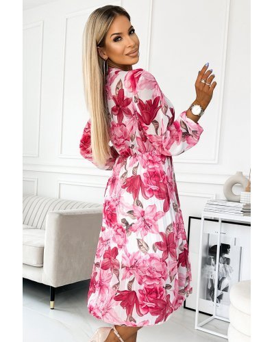 Rochie alba cu flori roz fucsia midi plisata cu maneca lunga vaporoasa Ruth Rochii de zi, Rochie alba cu flori roz fucsia midi plisata cu maneca lunga vaporoasa Ruth - jojofashion.ro