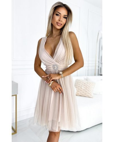 Rochie scurta eleganta baby doll din tulle bej Amirah Rochii cununie civila, Rochie scurta eleganta baby doll din tulle bej Amirah - jojofashion.ro