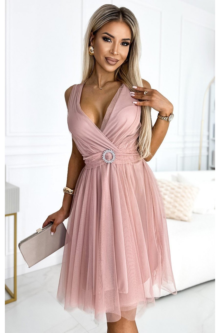 Rochie scurta eleganta baby doll din tulle roz prafuit Amirah 1 - jojofashion.ro